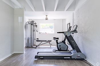 A home gym with a treadmill, exercise bike, and weights.